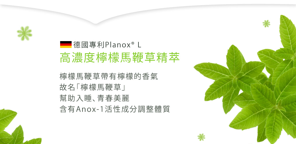 Lemon Verbena 檸檬馬鞭草-德國專利Planox®L採用高濃度檸檬馬鞭草精萃，帶有檸檬的香氣，故名「檸檬馬鞭草」，能幫助入睡，維持青春美麗，含有Anox-1活性成份能抑制發炎，穩定膚況
